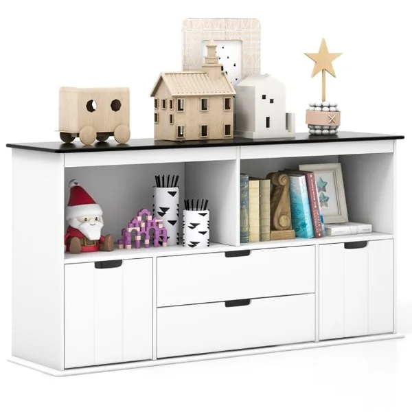 Coffre à Jouets pour Enfant avec Dessus de Tableau Noir Compartiment Ouvert 2 Tiroirs et 2 Bacs pour Chambre d'Enfant