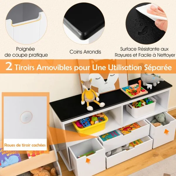 Coffre à Jouets pour Enfant avec Dessus de Tableau Noir Compartiment Ouvert 2 Tiroirs et 2 Bacs pour Chambre d'Enfant