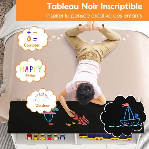 Coffre à Jouets pour Enfant avec Dessus de Tableau Noir Compartiment Ouvert 2 Tiroirs et 2 Bacs pour Chambre d'Enfant