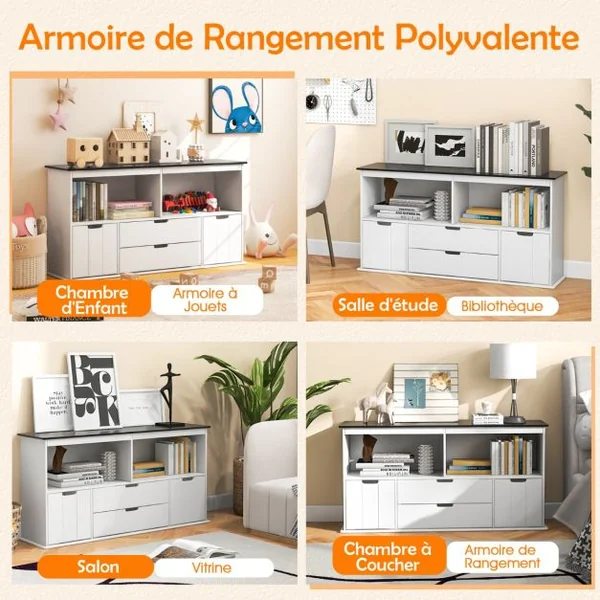 Coffre à Jouets pour Enfant avec Dessus de Tableau Noir Compartiment Ouvert 2 Tiroirs et 2 Bacs pour Chambre d'Enfant