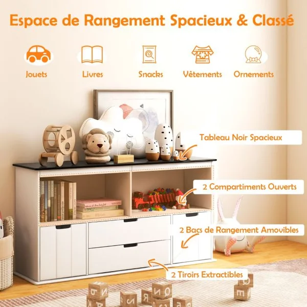 Coffre à Jouets pour Enfant avec Dessus de Tableau Noir Compartiment Ouvert 2 Tiroirs et 2 Bacs pour Chambre d'Enfant