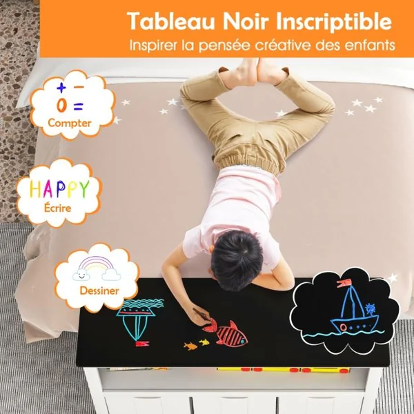 Coffre à Jouets pour Enfant avec Dessus de Tableau Noir Compartiment Ouvert et 3 Bacs pour Chambre d'Enfant Salon