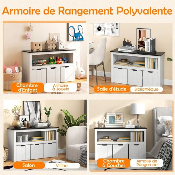 Coffre à Jouets pour Enfant avec Dessus de Tableau Noir Compartiment Ouvert et 3 Bacs pour Chambre d'Enfant Salon