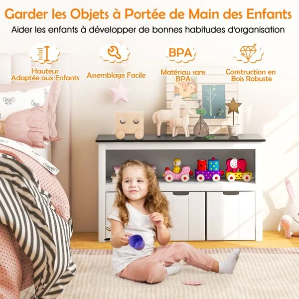 Coffre à Jouets pour Enfant avec Dessus de Tableau Noir Compartiment Ouvert et 3 Bacs pour Chambre d'Enfant Salon