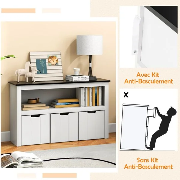 Coffre à Jouets pour Enfant avec Dessus de Tableau Noir Compartiment Ouvert et 3 Bacs pour Chambre d'Enfant Salon