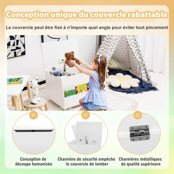 Coffre à Jouets pour Enfants Banc de Rangement en Bois Bibliothèque Couvercle Rabattable pour Chambre d'Enfant Salle de Jeux Blanc
