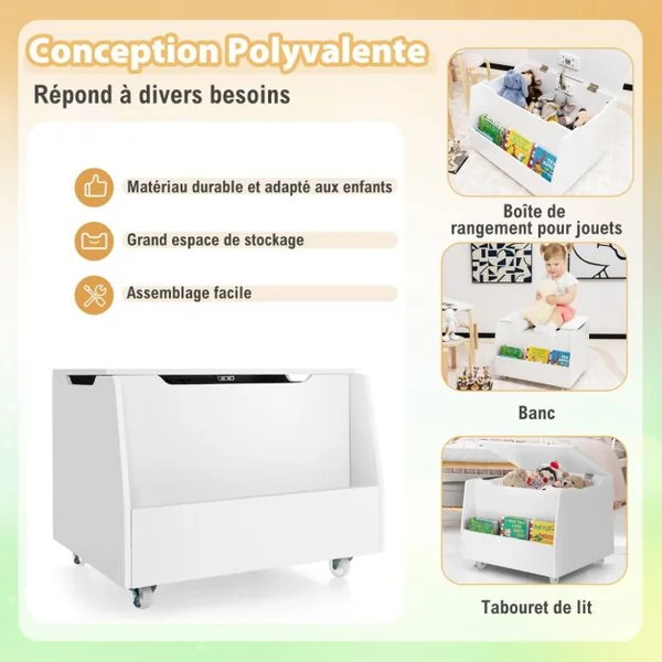 Coffre à Jouets pour Enfants Banc de Rangement en Bois Bibliothèque Couvercle Rabattable pour Chambre d'Enfant Salle de Jeux Blanc