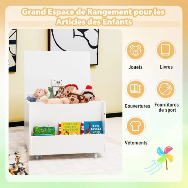 Coffre à Jouets pour Enfants Banc de Rangement en Bois Bibliothèque Couvercle Rabattable pour Chambre d'Enfant Salle de Jeux Blanc