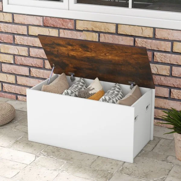 Coffre-banc de Rangement Couvercle Rabattable Design Anticollision pour Couvertures Jouets Collations Blanc