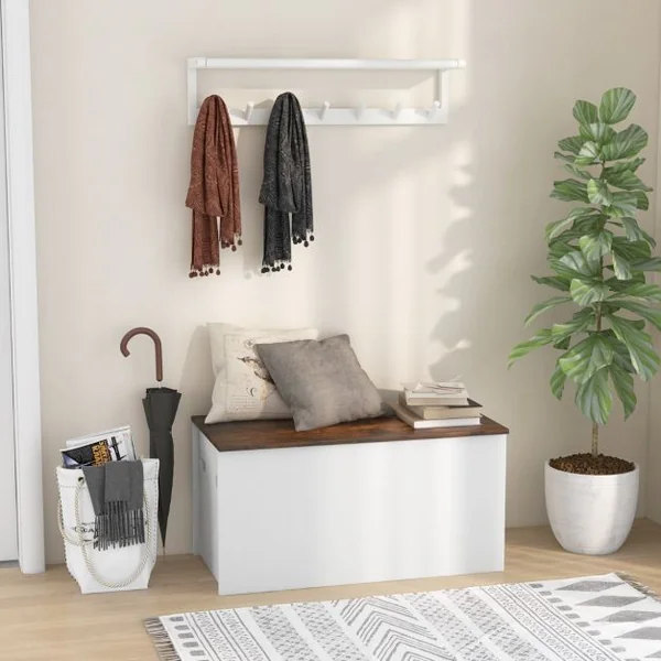 Coffre-banc de Rangement Couvercle Rabattable Design Anticollision pour Couvertures Jouets Collations Blanc
