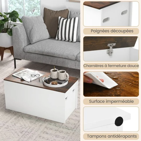 Coffre-banc de Rangement Couvercle Rabattable Design Anticollision pour Couvertures Jouets Collations Blanc