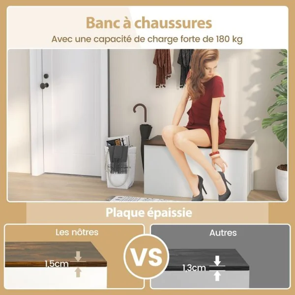 Coffre-banc de Rangement Couvercle Rabattable Design Anticollision pour Couvertures Jouets Collations Blanc