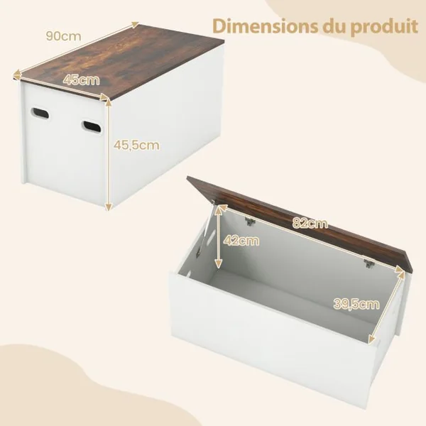 Coffre-banc de Rangement Couvercle Rabattable Design Anticollision pour Couvertures Jouets Collations Blanc