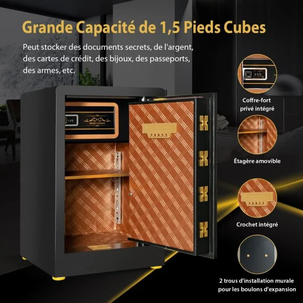 Coffre-fort de 28,31 Litres avec Clavier Numérique et Serrure à Clé avec Armoire Verrouillable Intégrée et Double Clé