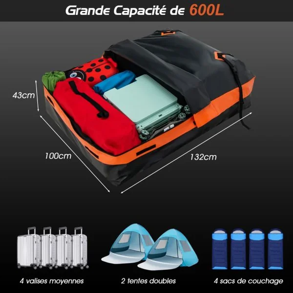 Coffre/Sac de Toit de Voiture Étanche de 560 L avec 10 Sangles Renforcées 6 Crochets de Porte et Tapis Antidérapant