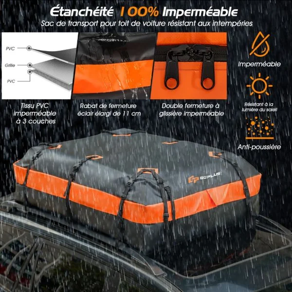 Coffre/Sac de Toit de Voiture Étanche de 560 L avec 10 Sangles Renforcées 6 Crochets de Porte et Tapis Antidérapant
