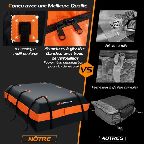 Coffre/Sac de Toit de Voiture Étanche de 560 L avec 10 Sangles Renforcées 6 Crochets de Porte et Tapis Antidérapant