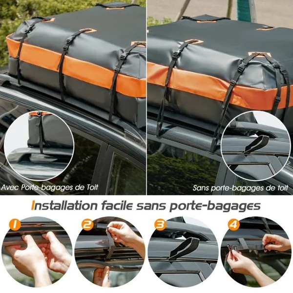 Coffre/Sac de Toit de Voiture Étanche de 560 L avec 10 Sangles Renforcées 6 Crochets de Porte et Tapis Antidérapant