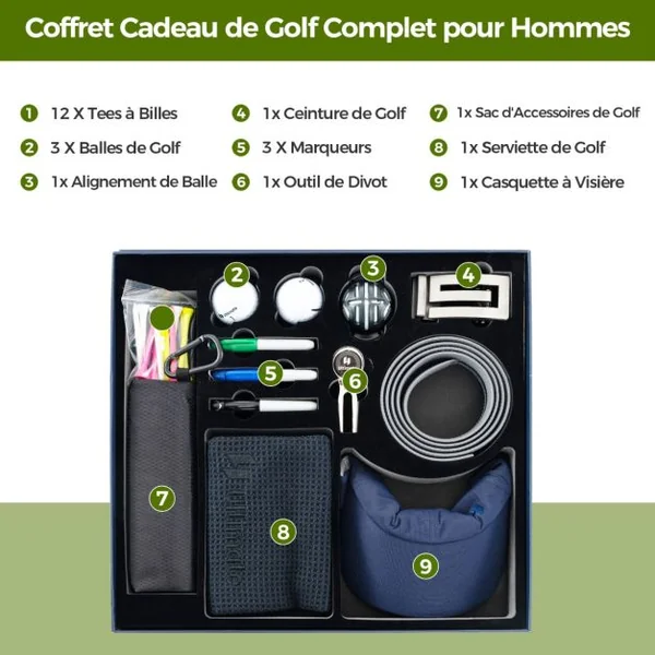 Coffret Cadeau de Golf pour Homme/Femme Ensemble Complet d'Accessoires de Golf avec Balles Tees Serviette Ceinture Chapeau Outil de Divot