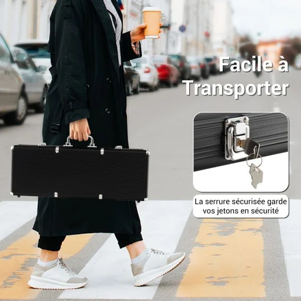 Coffret de Poker avec 500 jetons Mallette de Poker pour 2 à 4 Joueurs Verrouillable en aluminium jeux de cartes dés Noir