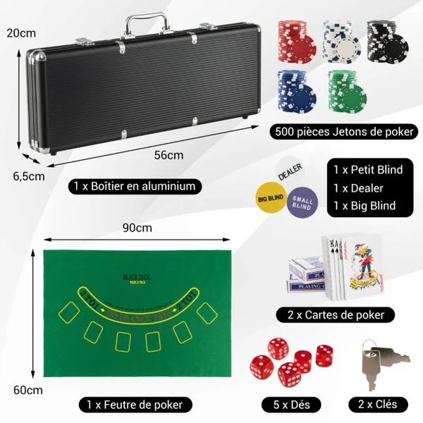 Coffret de Poker avec 500 jetons Mallette de Poker pour 2 à 4 Joueurs Verrouillable en aluminium jeux de cartes dés Noir