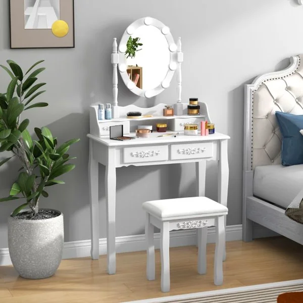 Coiffeuse avec 10 Ampoules Table de Maquillage avec Tabouret Miroir Ovale Interrupteur et 4 Tiroirs 75x40x145cm Blanc/Noir