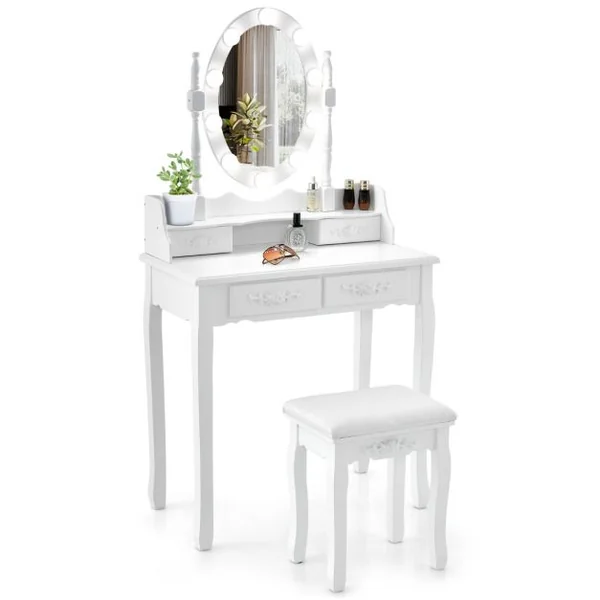 Coiffeuse avec 10 Ampoules Table de Maquillage avec Tabouret Miroir Ovale Interrupteur et 4 Tiroirs 75x40x145cm Blanc/Noir