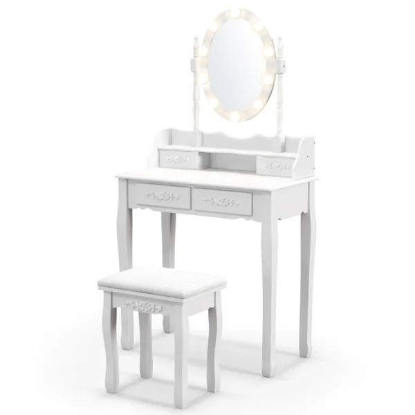 Coiffeuse avec 10 Ampoules Table de Maquillage avec Tabouret Miroir Ovale Interrupteur et 4 Tiroirs 75x40x145cm Blanc/Noir