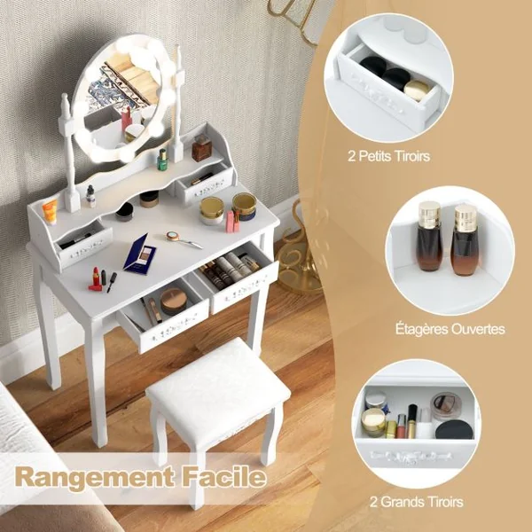 Coiffeuse avec 10 Ampoules Table de Maquillage avec Tabouret Miroir Ovale Interrupteur et 4 Tiroirs 75x40x145cm Blanc/Noir