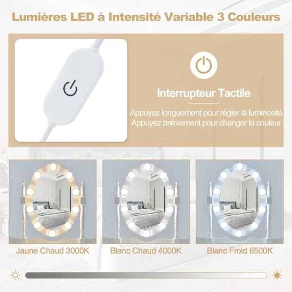 Coiffeuse avec 10 Ampoules Table de Maquillage avec Tabouret Miroir Ovale Interrupteur et 4 Tiroirs 75x40x145cm Blanc/Noir