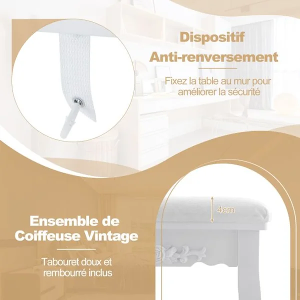 Coiffeuse avec 10 Ampoules Table de Maquillage avec Tabouret Miroir Ovale Interrupteur et 4 Tiroirs 75x40x145cm Blanc/Noir