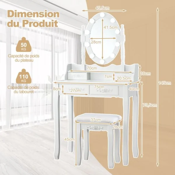 Coiffeuse avec 10 Ampoules Table de Maquillage avec Tabouret Miroir Ovale Interrupteur et 4 Tiroirs 75x40x145cm Blanc/Noir
