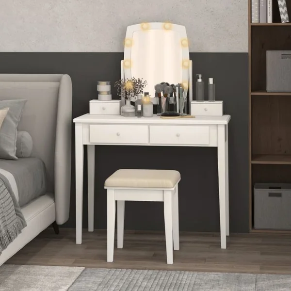 Coiffeuse avec Miroir Eclairé avec Lumières LED à Intensité Variable 3 Couleurs 4 Tiroirs Miroir Pivotant Tabouret Rembourré Blanc