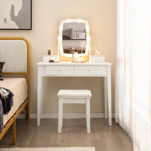Coiffeuse avec Miroir Eclairé avec Lumières LED à Intensité Variable 3 Couleurs 4 Tiroirs Miroir Pivotant Tabouret Rembourré Blanc
