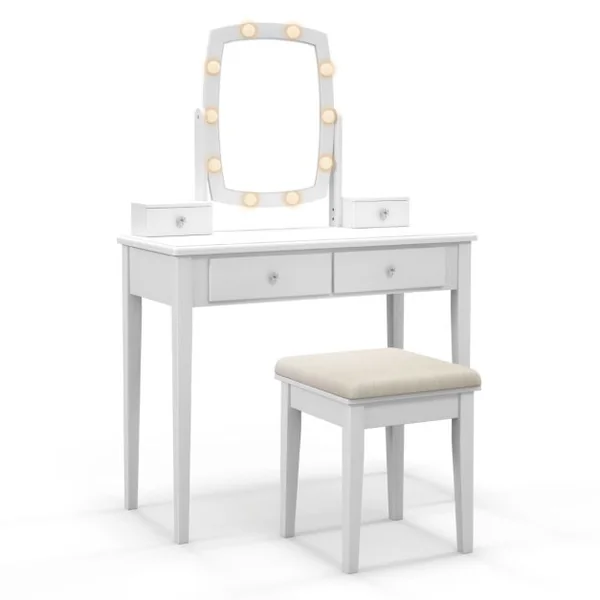 Coiffeuse avec Miroir Eclairé avec Lumières LED à Intensité Variable 3 Couleurs 4 Tiroirs Miroir Pivotant Tabouret Rembourré Blanc