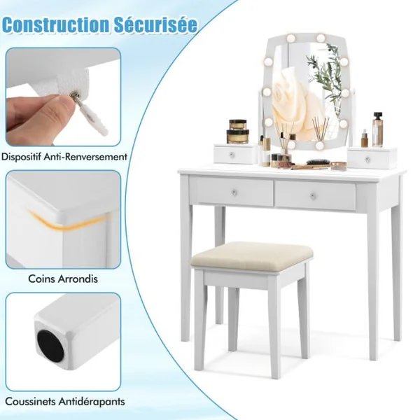 Coiffeuse avec Miroir Eclairé avec Lumières LED à Intensité Variable 3 Couleurs 4 Tiroirs Miroir Pivotant Tabouret Rembourré Blanc