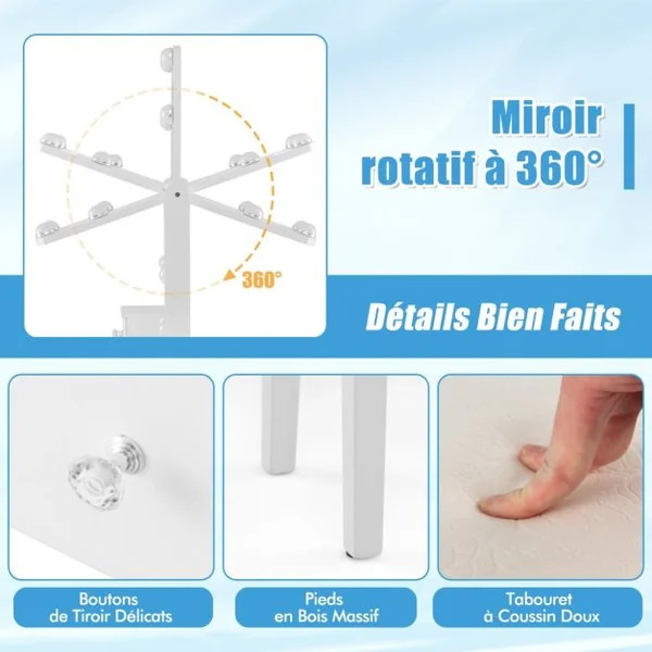 Coiffeuse avec Miroir Eclairé avec Lumières LED à Intensité Variable 3 Couleurs 4 Tiroirs Miroir Pivotant Tabouret Rembourré Blanc