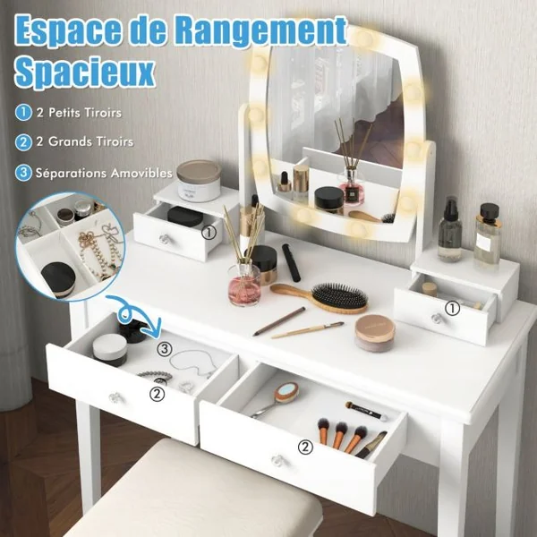 Coiffeuse avec Miroir Eclairé avec Lumières LED à Intensité Variable 3 Couleurs 4 Tiroirs Miroir Pivotant Tabouret Rembourré Blanc