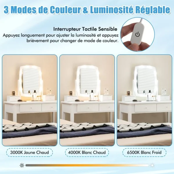 Coiffeuse avec Miroir Eclairé avec Lumières LED à Intensité Variable 3 Couleurs 4 Tiroirs Miroir Pivotant Tabouret Rembourré Blanc