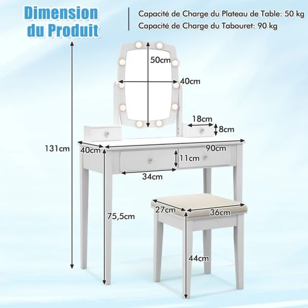 Coiffeuse avec Miroir Eclairé avec Lumières LED à Intensité Variable 3 Couleurs 4 Tiroirs Miroir Pivotant Tabouret Rembourré Blanc
