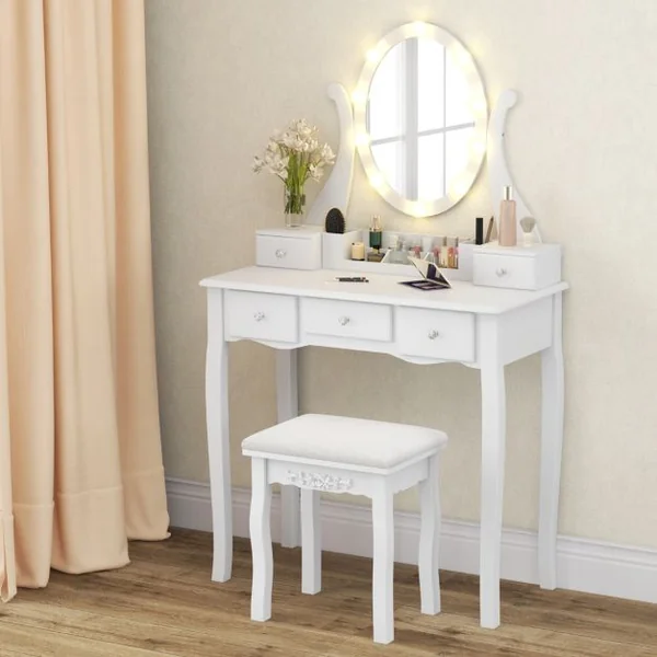 Coiffeuse avec Miroir Eclairé Coiffeuse avec 10 Ampoules LED 3 Modes de Couleurs Luminosité Réglable 5 Tiroirs avec Tabouret Rembourré Blanc