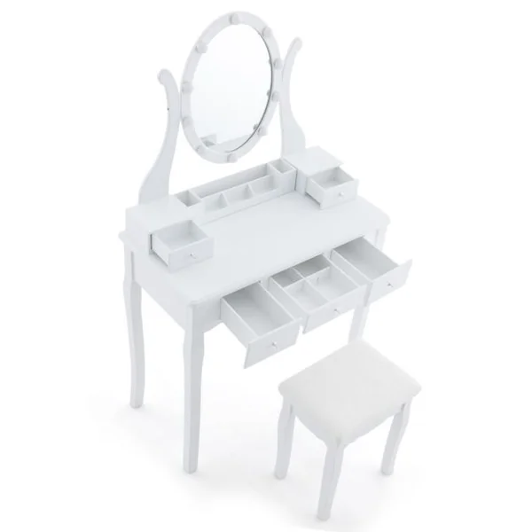 Coiffeuse avec Miroir Eclairé Coiffeuse avec 10 Ampoules LED 3 Modes de Couleurs Luminosité Réglable 5 Tiroirs avec Tabouret Rembourré Blanc