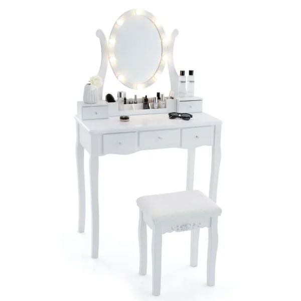 Coiffeuse avec Miroir Eclairé Coiffeuse avec 10 Ampoules LED 3 Modes de Couleurs Luminosité Réglable 5 Tiroirs avec Tabouret Rembourré Blanc