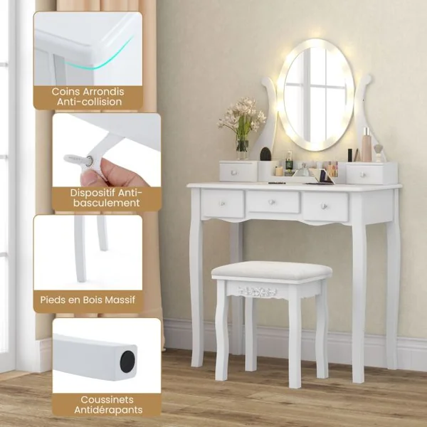 Coiffeuse avec Miroir Eclairé Coiffeuse avec 10 Ampoules LED 3 Modes de Couleurs Luminosité Réglable 5 Tiroirs avec Tabouret Rembourré Blanc