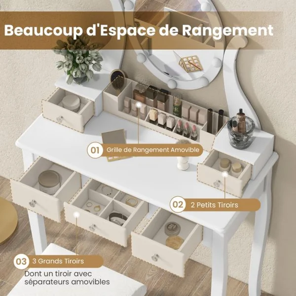 Coiffeuse avec Miroir Eclairé Coiffeuse avec 10 Ampoules LED 3 Modes de Couleurs Luminosité Réglable 5 Tiroirs avec Tabouret Rembourré Blanc