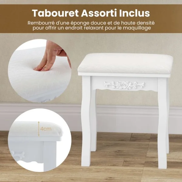 Coiffeuse avec Miroir Eclairé Coiffeuse avec 10 Ampoules LED 3 Modes de Couleurs Luminosité Réglable 5 Tiroirs avec Tabouret Rembourré Blanc