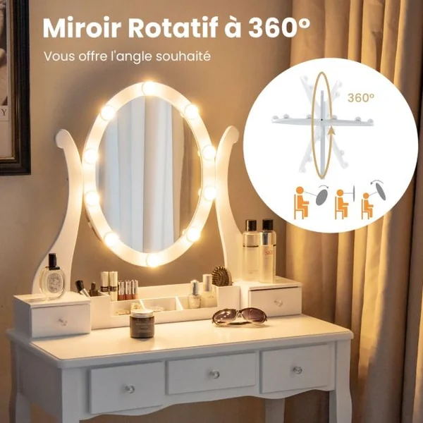 Coiffeuse avec Miroir Eclairé Coiffeuse avec 10 Ampoules LED 3 Modes de Couleurs Luminosité Réglable 5 Tiroirs avec Tabouret Rembourré Blanc