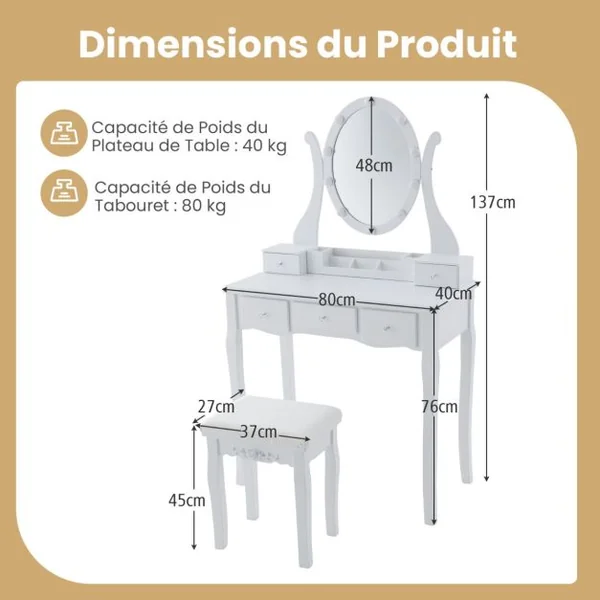 Coiffeuse avec Miroir Eclairé Coiffeuse avec 10 Ampoules LED 3 Modes de Couleurs Luminosité Réglable 5 Tiroirs avec Tabouret Rembourré Blanc