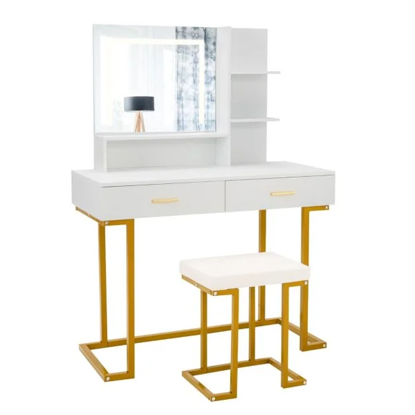 Coiffeuse avec Miroir Lumineux et Tabouret Cadre en Acier avec 2 Tiroirs 3 Étagères pour Chambre Vestiaire 100 x 45 x 137 cm