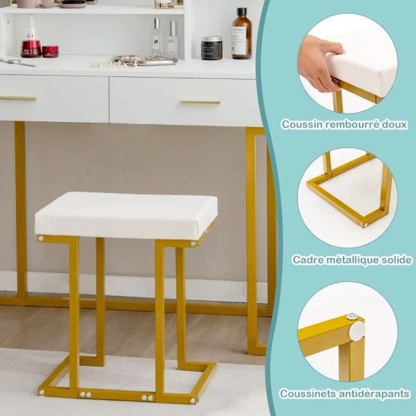 Coiffeuse avec Miroir Lumineux et Tabouret Cadre en Acier avec 2 Tiroirs 3 Étagères pour Chambre Vestiaire 100 x 45 x 137 cm